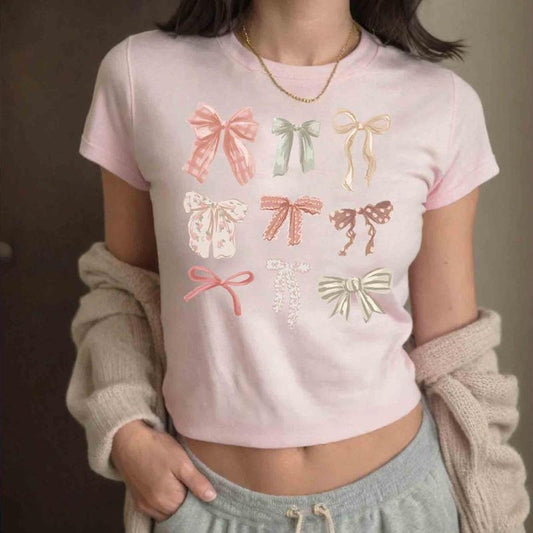 Retro Watercolor Coquette Bows Baby Tee, Vintage Collage Aesthetic Bow Croptop Women Shirt, Birthday Girl 2025 Shirt, Girl Trip Baby Tee