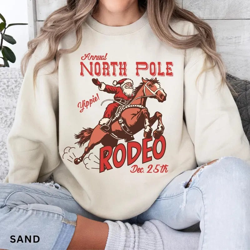 Retro Western Christmas Sweatshirt, North Pole Rodeo Sweatshirt, Trendy Western Holiday Shirt, Cute Country Christmas Shirt, Cowboy Santa Soft Cotton Shirt, Christmas Gift Idea, Gift For Him, Gift For Her