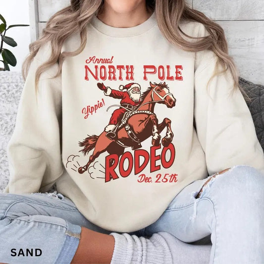 Retro Western Christmas Sweatshirt, North Pole Rodeo Sweatshirt, Trendy Western Holiday Shirt, Cute Country Christmas Shirt, Cowboy Santa Soft Cotton Shirt, Christmas Gift Idea, Gift For Him, Gift For Her