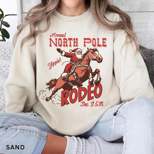 Retro Western Christmas Sweatshirt, North Pole Rodeo Sweatshirt, Trendy Western Holiday Shirt, Cute Country Christmas Shirt, Cowboy Santa