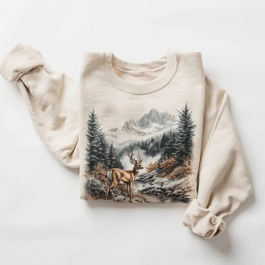 Retro Whitetail Buck Deer Winter Mountain Scene Sweatshirt - Nineties 90s Vintage Deer Nature Lover Outfit - Boho Unisex Cotton Menswear