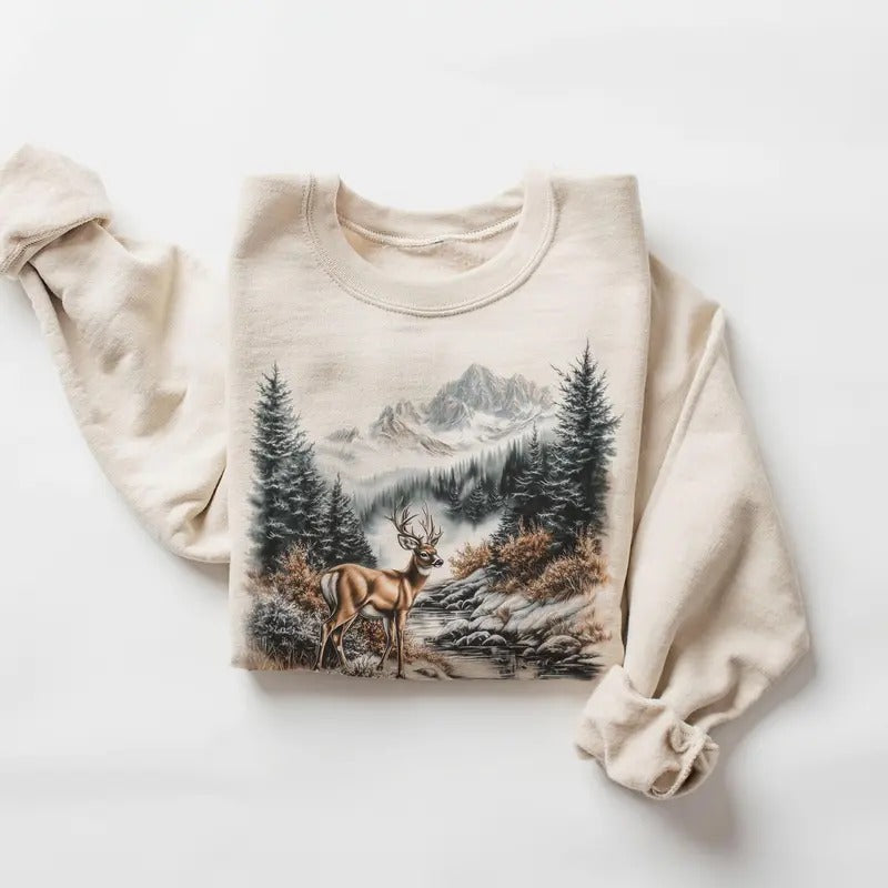 Retro Whitetail Buck Deer Winter Mountain Scene Sweatshirt - Nineties 90s Vintage Deer Nature Lover Outfit - Boho Unisex Crewneck Sweatshirt