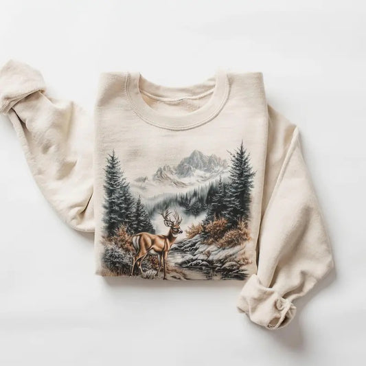 Retro Whitetail Buck Deer Winter Mountain Scene Sweatshirt - Nineties 90s Vintage Deer Nature Lover Outfit - Boho Unisex Crewneck Sweatshirt
