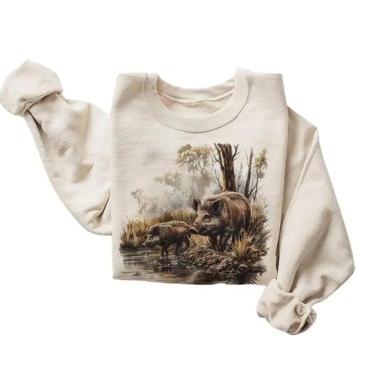 Retro Wild Boar Marshlands Fall Scene Pullover Sweatshirt - Nineties 90s Vintage Boar Hunting Outfit - Boho Unisex Cotton Hoodie