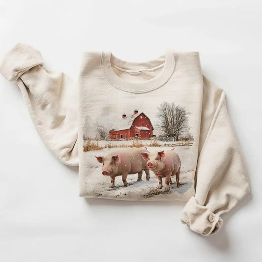 Retro Winter Pigs and Red Barn Farm Scene Sweatshirt 90s Vintage Cute Pig Farmer Midwest Snowy Tshirt Funny Boho Unisex Pullover Cotton Hoodie Menswear Day