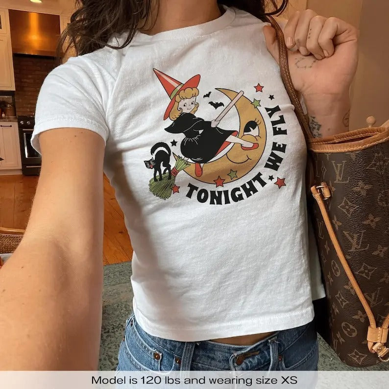 Retro Witch And Cat Fly On Moon Halloween Y2k Baby Tee Y2k Shirt Halloween Party Baby Tee Vintage 90s Aesthetic Baby Tee Shirt Gift Her graphic  tees