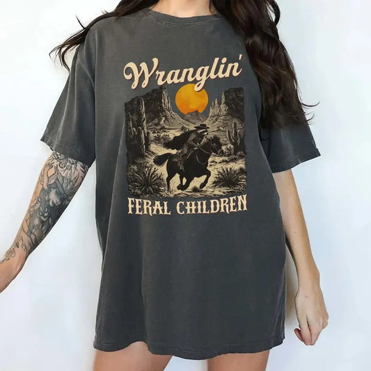 Retro Wranglin' Feral Children Comfort Colors Shirt, Vintage Raccoon 90s Western Unisex T-shirt, Meme Western Raccoon Dessert Shirt
