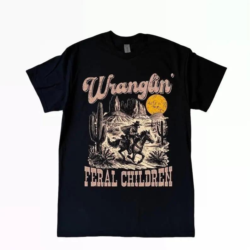 Retro Wranglin' Feral Children Raccoon 90s Western Graphic Tshirt, Vintage Western Raccoon Dessert Tee, Teenager Gift, Women Top Womenswear Summer