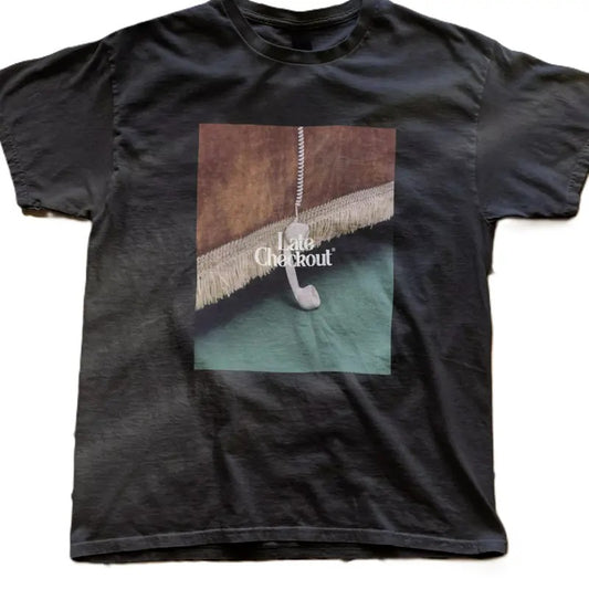 Retro late checkout Y2k thrift store aesthetic t-shirt in black, gift idea