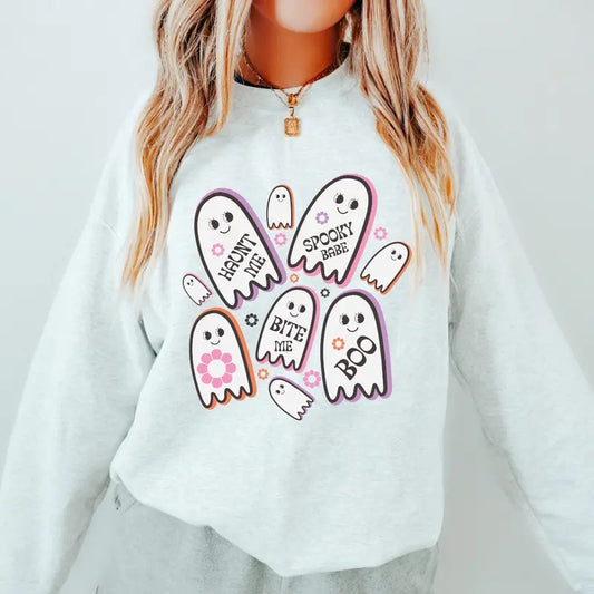 Retro pink and lavender ghosts Crewneck Sweatshirt Crewneck Sweatshirt Unisex Fit Causal Sweatshirt for Halloween Womenswear Hoodie