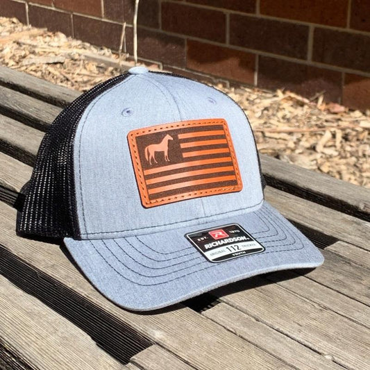 Richardson 112 Laser Engraved Leather Patch Hat- Horse American Flag Hand Stitched Real Leather Show Animal Ranch Flag Patriotic