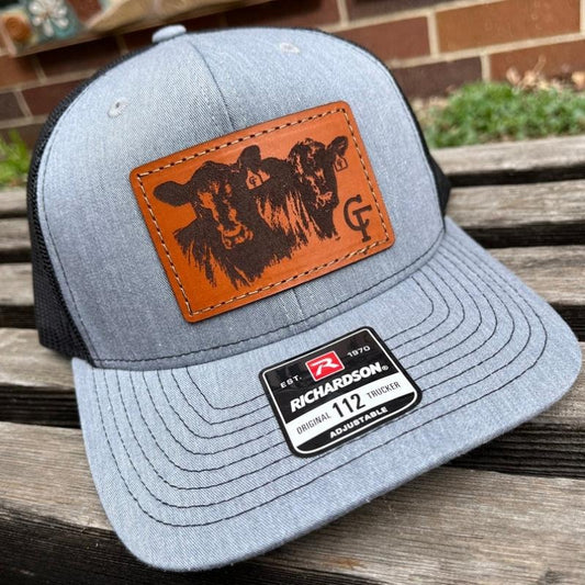 Richardson 112 Laser Engraved Leather Patch Hat- Logo Cattle Brand Personalized Cow tags Farm Hand Stitched Real Leather Ranch Brand