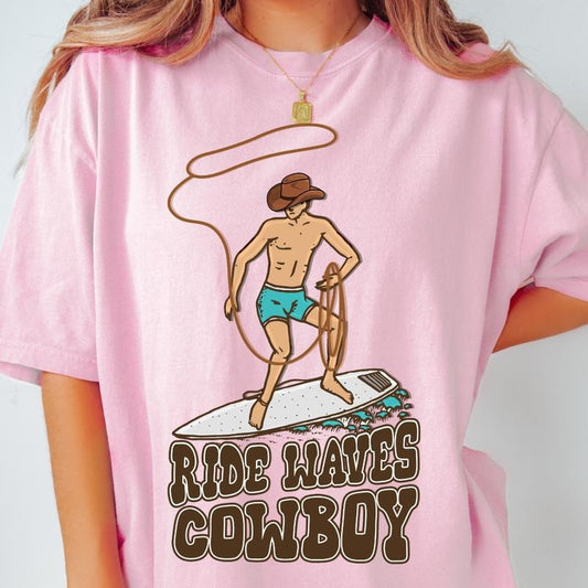 Ride Waves Cowboys T-Shirt, Country Western Shirt, Retro Vintage Cowgirl tee, Cowgirl Shirt, Cowgirl Western Electric Shirt, Unisex T-shirt, Gifts for Women, Short Sleeve Cotton Casual Shirt Comfort Crewneck