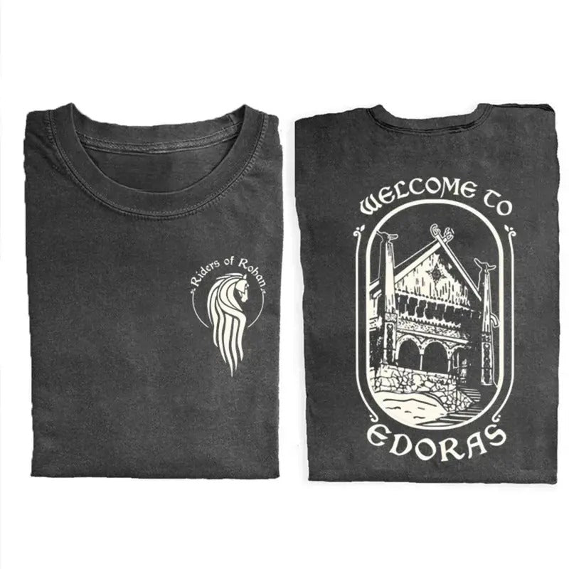 Riders of Rohan Vintage Welcome to Edoras Graphic Tee - JRR Tolkien Movie Shirt - Casual Crewneck T-Shirt with Movie Theme Design
