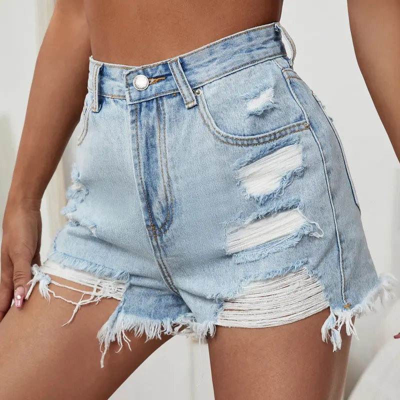 Ripped Raw Hem High Waisted Distressed Denim ShortsY2K