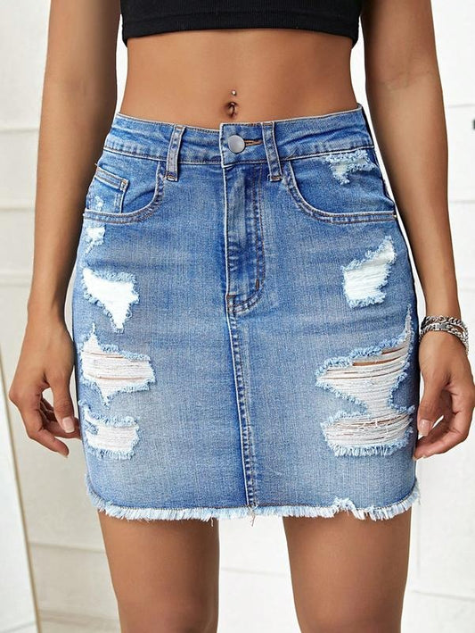 Ripped Raw Hem Pencil Bodycon Denim SkirtY2K