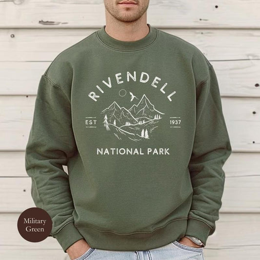 Rivendell Hobbit National Park Sweatshirt, Middle Earth Inspired Retro Vibe Hoodie, Vintage LOTR Tolkien Fellowship Of The Rings Bookish Camp Unisex Soft Comfort Crewneck Pullover Long Sleeves Graphic Fabric Sweater