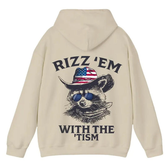 Rizz 'Em With The 'Tism Hoodie - Funny Raccoon Cowboy Graphic Pullover, Unisex Streetwear Aesthetic, Trendy Thermal Hoodie for Men and Women