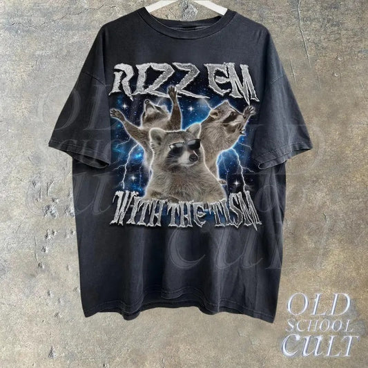 Rizz Em With The Tism Raccoon Vintage Graphic Shirt, Retro 90s Raccoon Rizz Graphic Shirt, 100% Cotton, Crew Neck, Slight Stretch, Breathable & Wear-Resistant, All-Season Short Sleeve Tee, Perfect for Outdoor & Daily Fashion