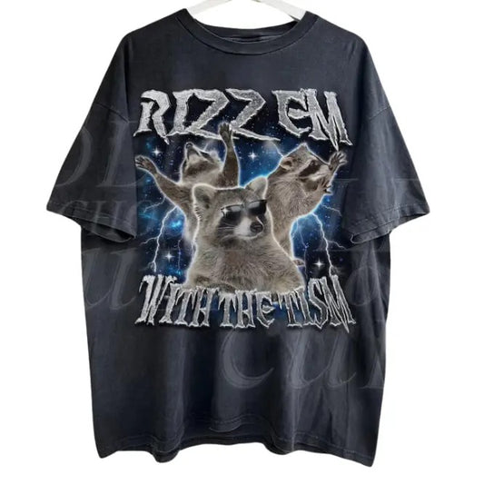 Rizz Em With The Tism Raccoon Vintage Graphic Shirt, Retro 90s Raccoon Rizz Graphic Shirt, Autism Awareness, Silly Shirt Lovers, Weird Shirt, Menswear