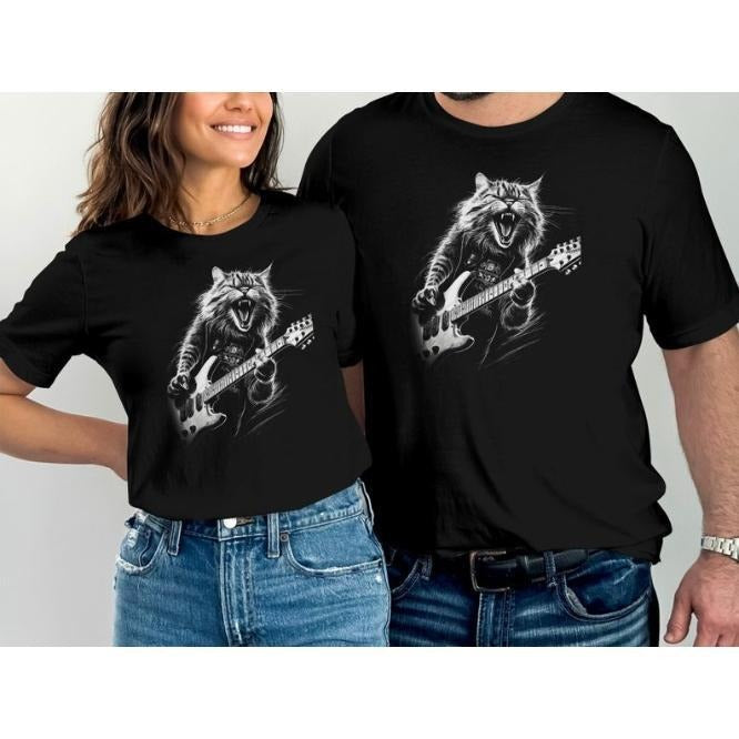 Rock Cat Playing Guitar mens woman Funny Guitar Cat T-Shirt, Unisex Short Sleeve T-Shirt, Rocker Shirt, More Colors made in usa