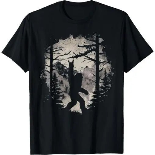 Rock On Bigfoot Sasquatch Loves Rock And Roll Mountain Trees T-Shirt Made in USA
