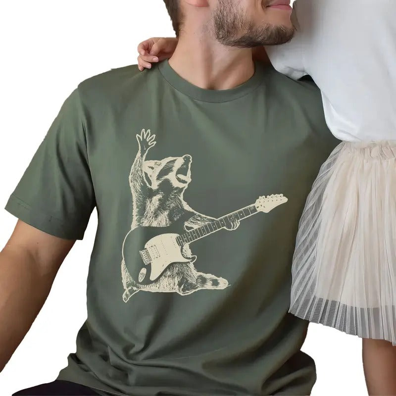 Rock Raccoon Playing Guitar Vintage Shirt, Funny Guitar Raccoon Retro Tee, Funny Racoon Graphic Printed Tee, Meme Shirt, Raccoon Tee, Casual Comfy Fabric Graphic Tee, Men's Top, Menswear, Cotton Fabric Relaxed Tee