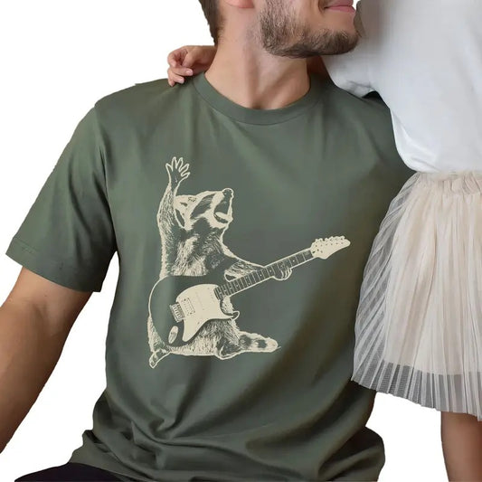 Rock Raccoon Playing Guitar Vintage Shirt, Funny Guitar Raccoon Retro Tee, Funny Racoon Graphic Printed Tee, Meme Shirt, Raccoon Tee, Casual Comfy Fabric Graphic Tee, Men's Top, Menswear, Cotton Fabric Relaxed Tee