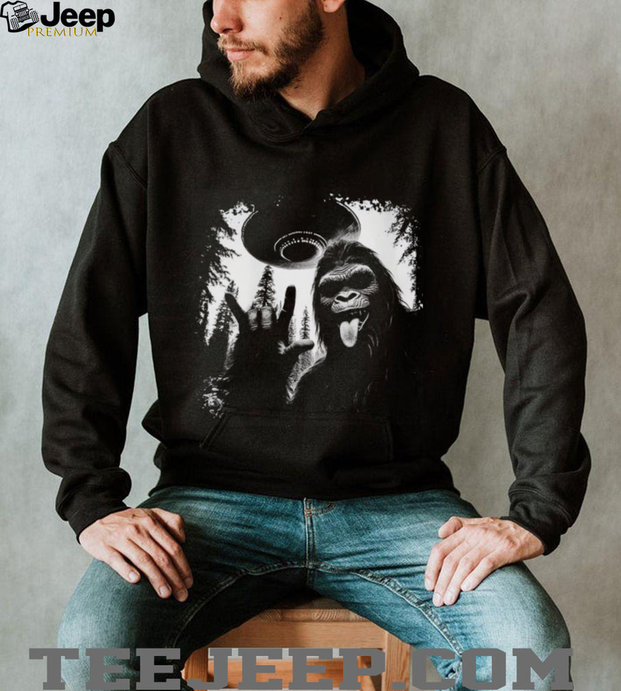 Rock on Bigfoot Sasquatch and UFO Alien Mothership Graphic T Shirt