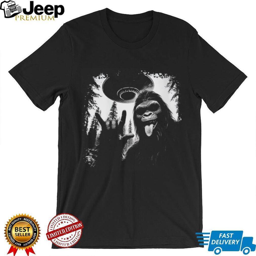Rock on Bigfoot Sasquatch and UFO Alien Mothership Graphic T Shirt