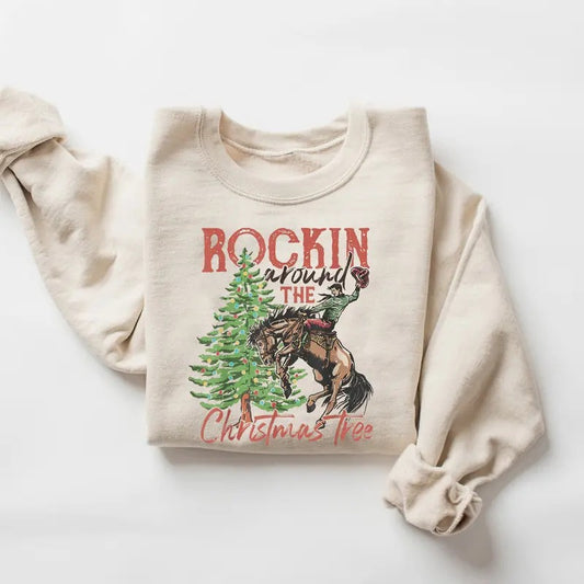Rocking Around The Christmas Tree Sweatshirt, Vintage Country Christmas Sweatshirt, Retro Christmas Western Shirt, Christmas Tree Shirt, Cowboy Christmas Shirt, Winter Holiday Sweater, Xmas Christmas Shirt