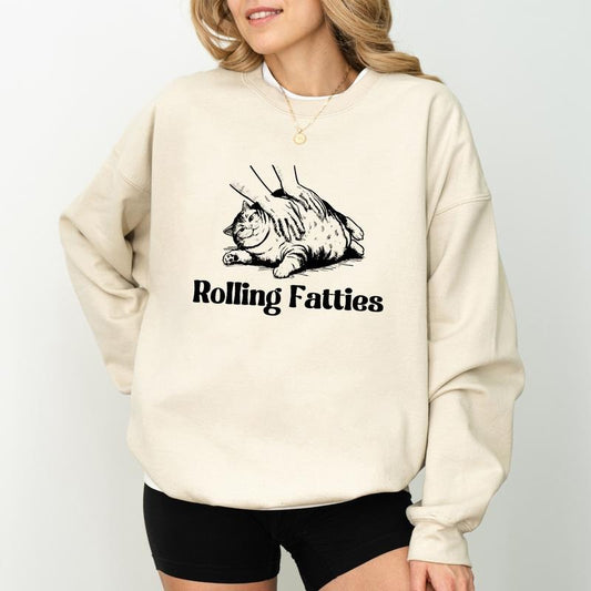 Rolling Fatties Cat Sweatshirt, Funny Fat Cat Graphic Sweater, Cat Lovers Gift Ideas, Cute Kitten Crewneck, Sarcastic Unhinged Tops, Cotton Womenswear