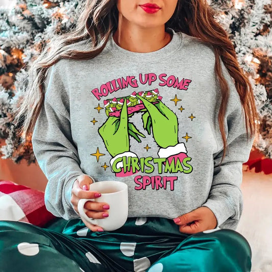 Rolling Up Some Christmas Spirit Sweatshirt, Vintage Christmas 2 Sided Shirt, Christmas Spirit Crewneck, Cute Christmas Sweatshirt, Merry Christmas Sweatshirt, Funny Christmas Shirt, Pink Christmas Sweater