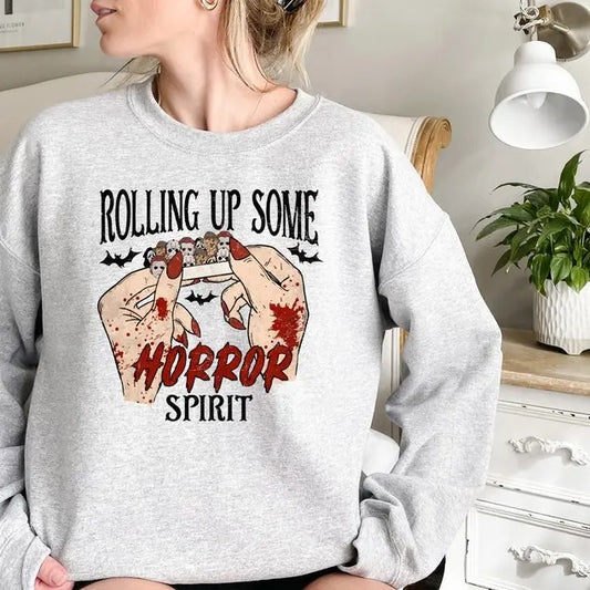 Rolling Up Some Horror Spirit Sweatshirt, Halloween Sweater, Horror Movie Shirt, Horror Characters, Funny Halloween T Shirt Womenswear Hoodie