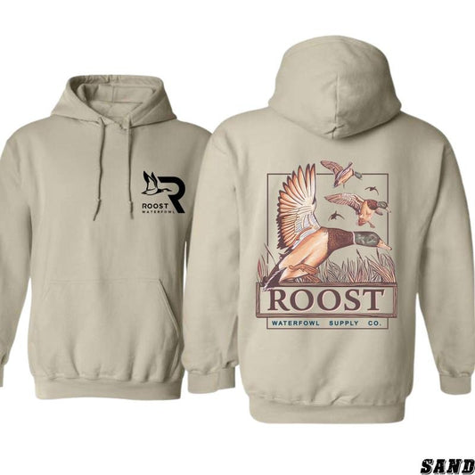 Roost Duck Hunting Hoodie - Flying Mallard Graphic with Vintage Outdoor Vibes for Hunters & Nature Fans - Menswear Tops, Medium Size