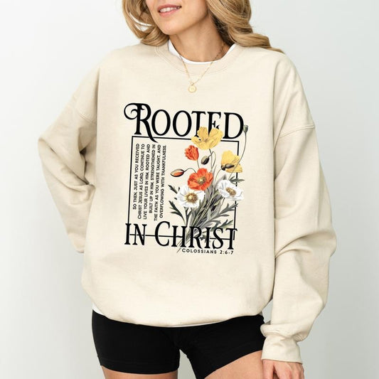 Rooted In Christ Sweatshirt, Floral Christian Sweaters, Religious Cute Christian Pullover, Christian Bible Verse Long Sleeve Womenswear