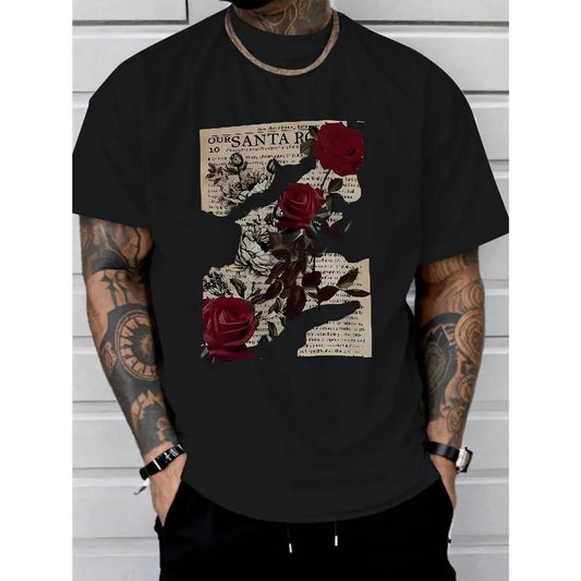 Rose Print Soft & Comfortable Tee Shirt - Men's Casual Short Sleeve T-Shirts for Summer - Breathable, Lightweight, Classic Fit, Relaxed Style Made in USA