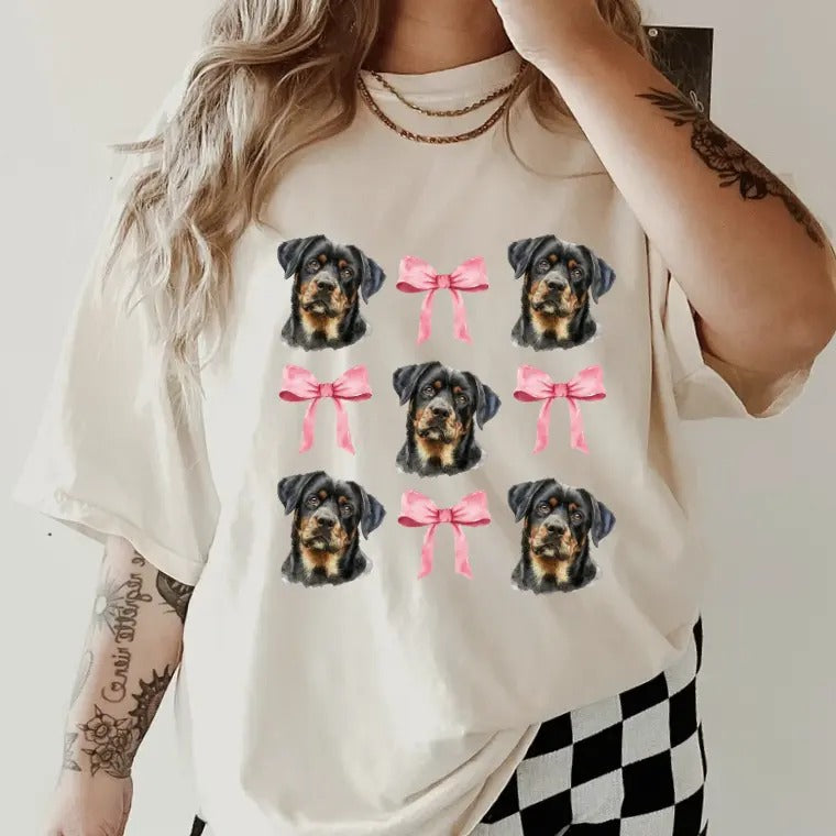 Rottweiler with bows Shirt ~ Unisex Apparel Relaxed Fit Printed In The USA Clothing Womenswear Casual Comfort Cotton Top Athletic Boho Chicbrown chihuahua