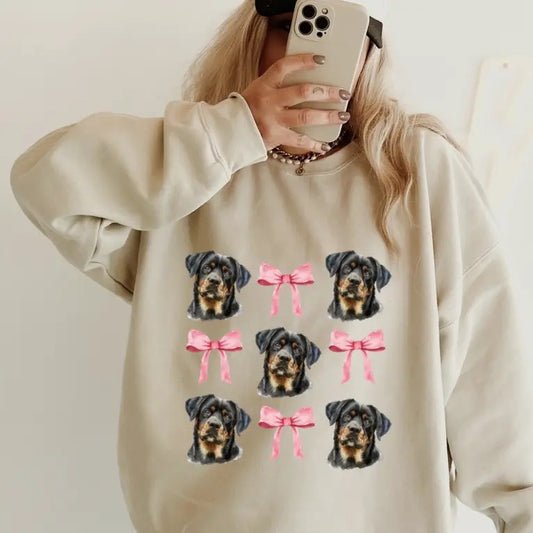 Rottweiler with bows Sweatshirt ~ Sweatshirt Unisex Apparel Relaxed Fit Printed in the USA Clothing Womenswear Casual and Comfortable
