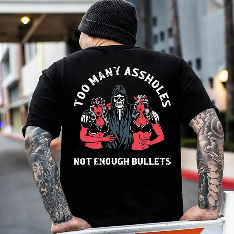 [S-5XL] "TOO MANY A@SHOLES, NOT ENOUGH BULLETS" Skeleton With Sexy Lady Print Men's T-Shirt, Motorcycle Shirt, Graphic Print, Streetwear Fashion