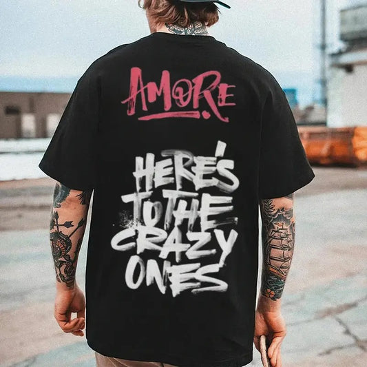 [S-5XL] Men's "HERE'S TO THE CRAZY ONES" Graphic Tee, Casual Cotton Motorcycle Shirt, Streetwear Fashion