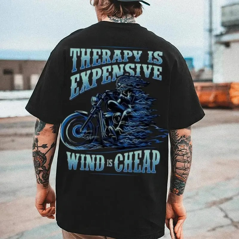 [S-5XL] Men's "THERAPY IS EXPENSIVE, WIND IS CHEAP" Motorcycle Graphic Tee, Vintage Cotton Motorcycle Shirt, Streetwear Fashion