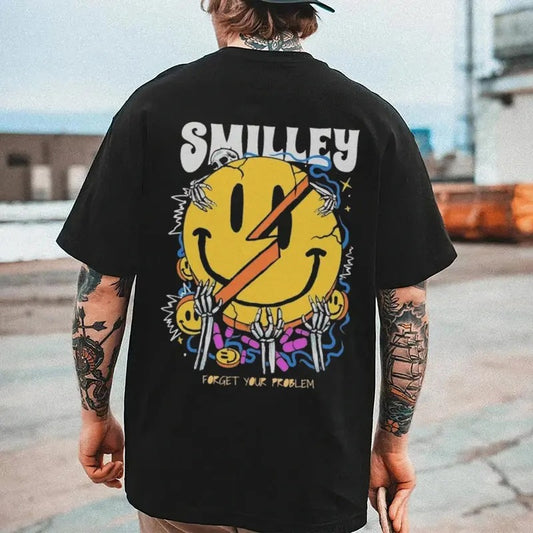 [S-5XL] Men's Cute Smiley Graphic Tee, Casual Cotton Motorcycle Shirt, Streetwear Fashion