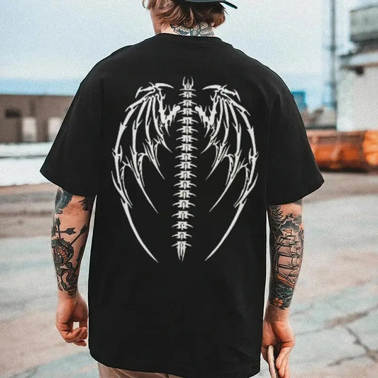 [S-5XL] Men's Vintage Winged Skeleton Graphic Tee, Retro Cotton Motorcycle Shirt, Streetwear Fashion