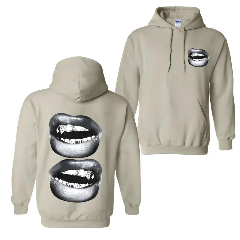 [S-5Xl] Manfinity EMRG A White Street Style Top With Full Black And White Mouth Pattern, Suitable For Summer Men's Hoodie, Sweatshirt, Comfort Errands, Classic Cotton, Unisex Hoodie, Merch gift, Fabric Menswear Oversized Pocket Sport Sweaters