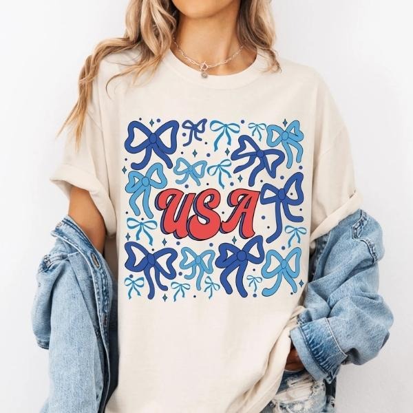 [SALE UP TO 60%] Coquette Patriotic USA T-Shirt Sweatshirt, 4th of July And Memorial Day Retro Tee, Girly American Flag Graphic, Trendy Summer Shirt