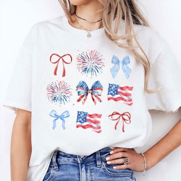 [SALE UP TO 60%] Red White Blue Coquette Tee, Memorial Day & 4th of July T-Shirt Sweatshirt, Girly America Graphic Shirt, Cute USA Pride Fashion
