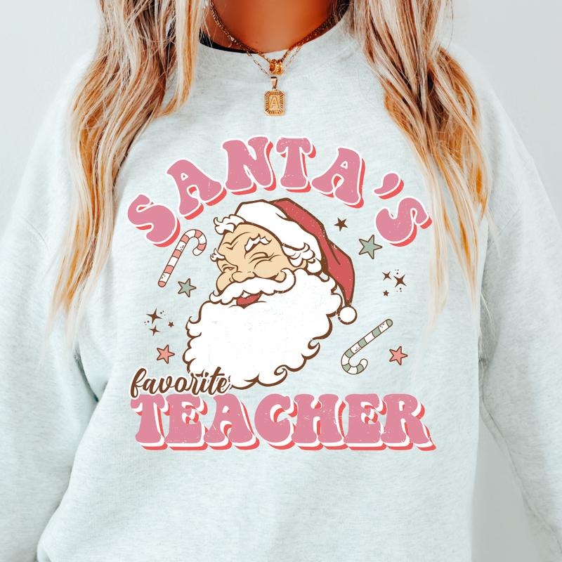 SANTAS FAVORITE TEACHER CREWNECK (Crewneck Sweatshirt, Unisex Fit, Causal Sweatshirt for Christmas, Christmas Holiday Sweatshirt) Oversized Womenswear