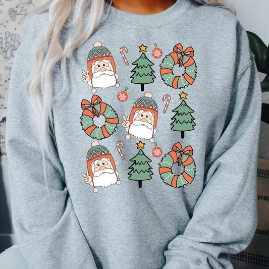 SANTA, WREATH, TREE CREWNECK (Crewneck Sweatshirt, Unisex Fit, Causal Sweatshirt for Christmas, Christmas Holiday Sweatshirt) Oversized Womenswear