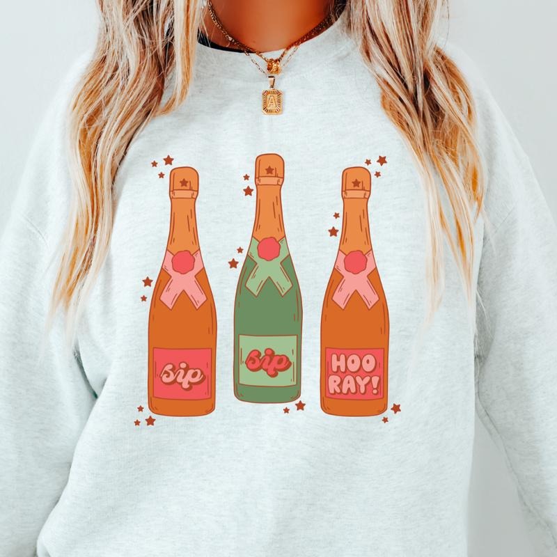 SIP SIP HOORAY CHAMPAGNE #1 CREWNECK (Crewneck Sweatshirt, Unisex Fit, Causal Sweatshirt for Christmas, Christmas Holiday Sweatshirt) Womenswear Hoodie